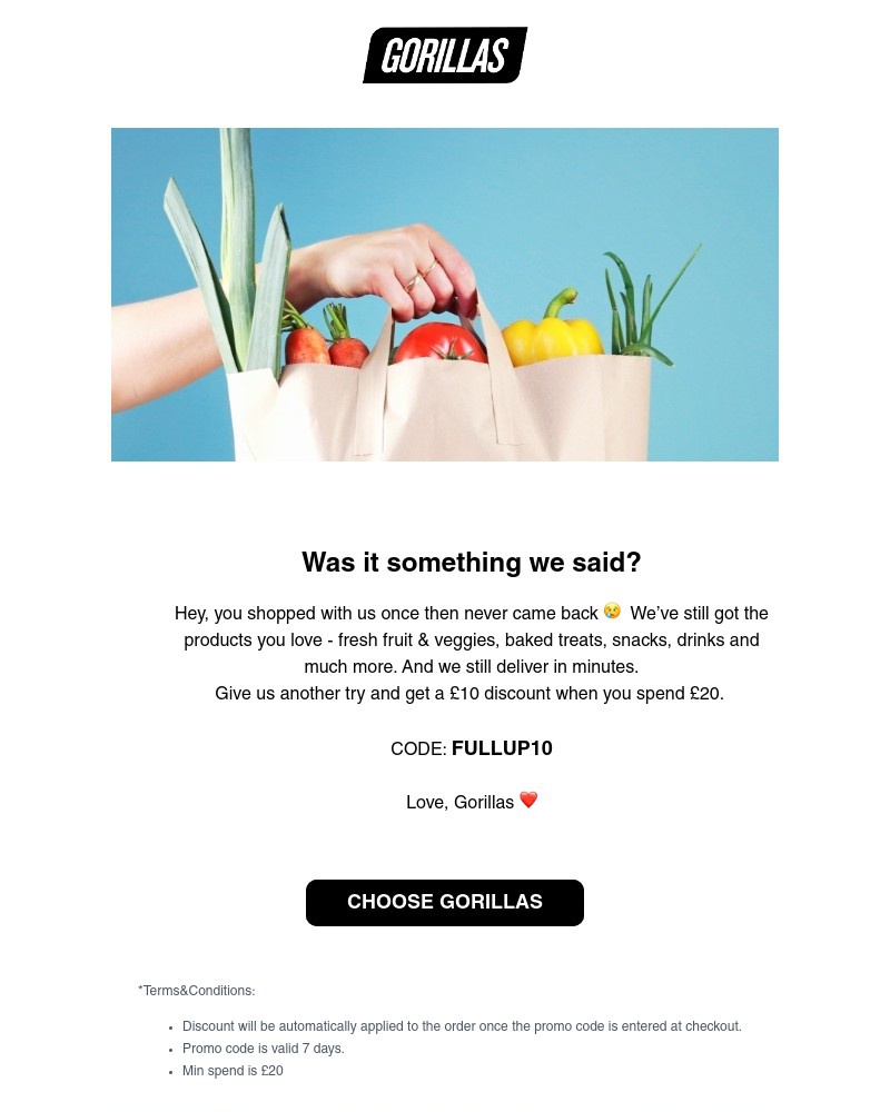 Gorillas - Hey, is £10 enough to get you back?