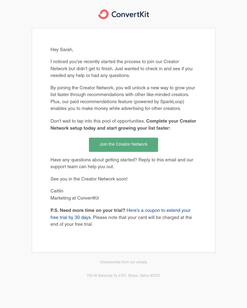 Kit - Hey Sarah, ready to complete your Creator Network setup?