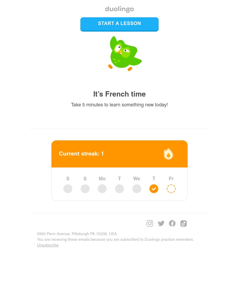 Duolingo - Hi Sarah, come join Duo for a quick French lesson!