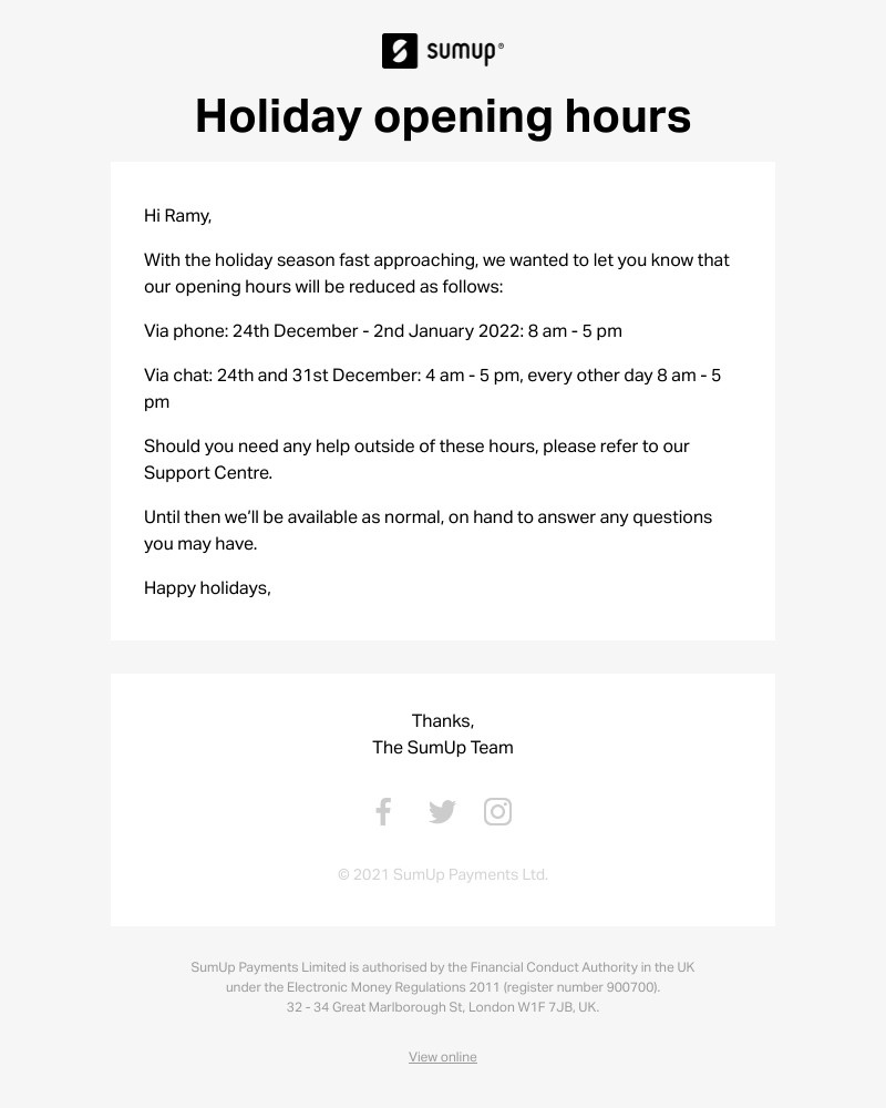 SumUp - Holiday opening hours