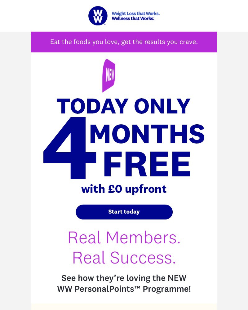 WW (Weight Watchers) - HURRY, today only! Get 4 months FREE with £0 upfront!