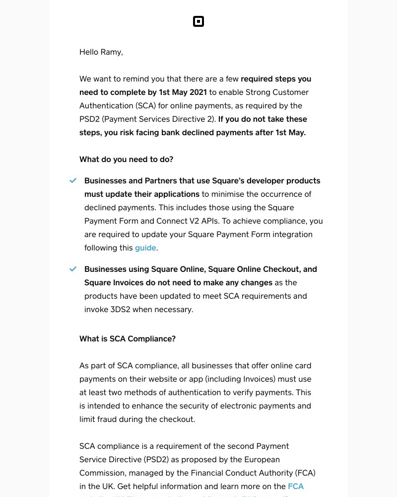 Square - Important: Required Steps for SCA Compliance (Deadline 1st May 2021)
