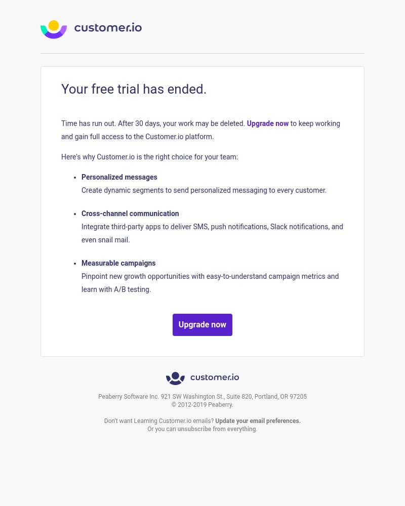 Customer.io - Important: Your Customer.io trial has ended