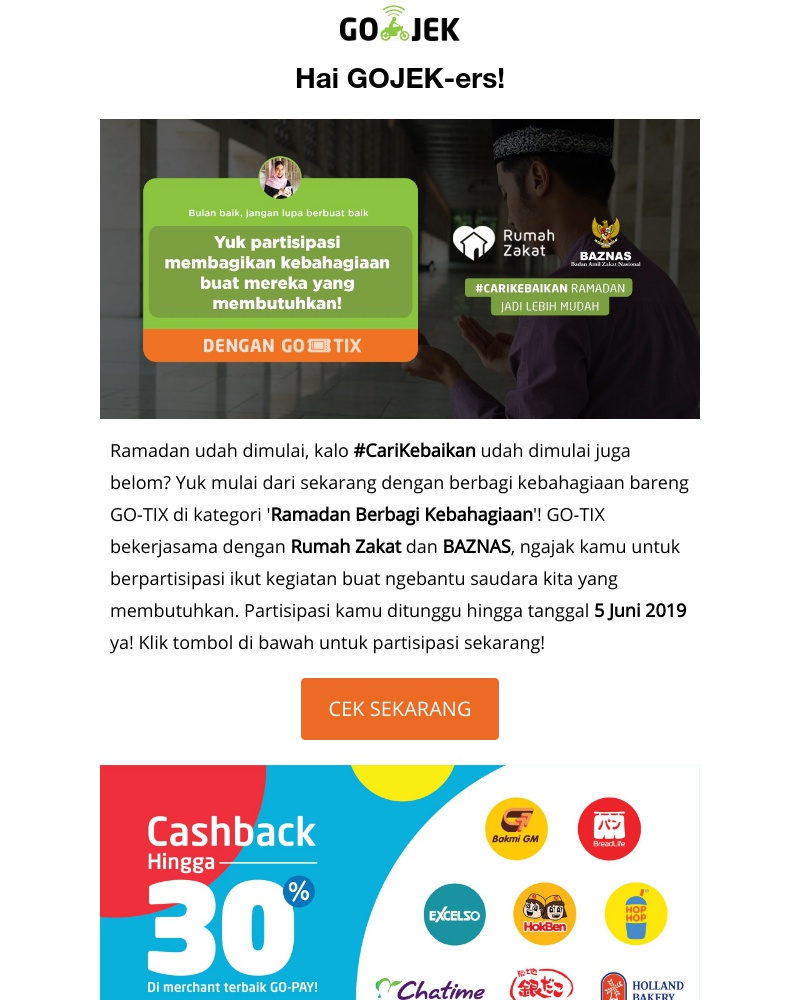 Go-Jek - Ingin berbagi kebaikan di bulan suci? Atau cari jajanan untuk berbuka? Klik di sini aja!