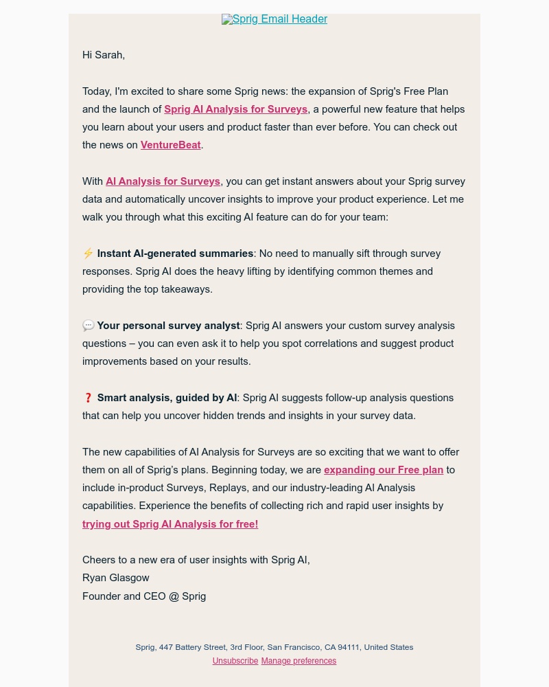 Sprig - 🚀 Introducing Sprig AI Analysis for Surveys and our expanded Free Plan!