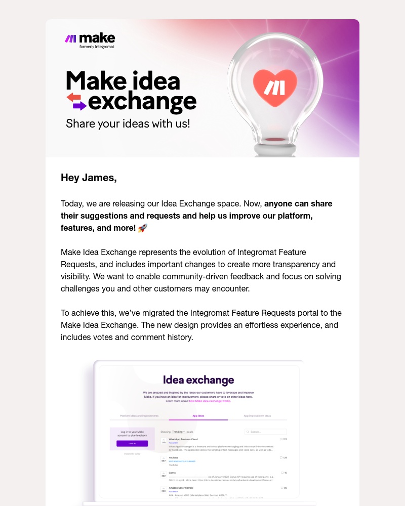 Make.com - Introducing the new Make Idea Exchange 💡 Share your ideas with us!