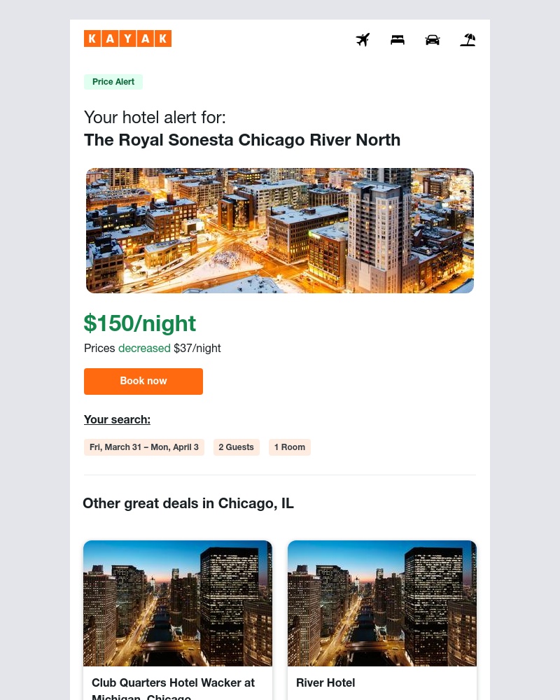 Kayak - Jackpot: Hotel prices dropped $37 in Chicago, IL!