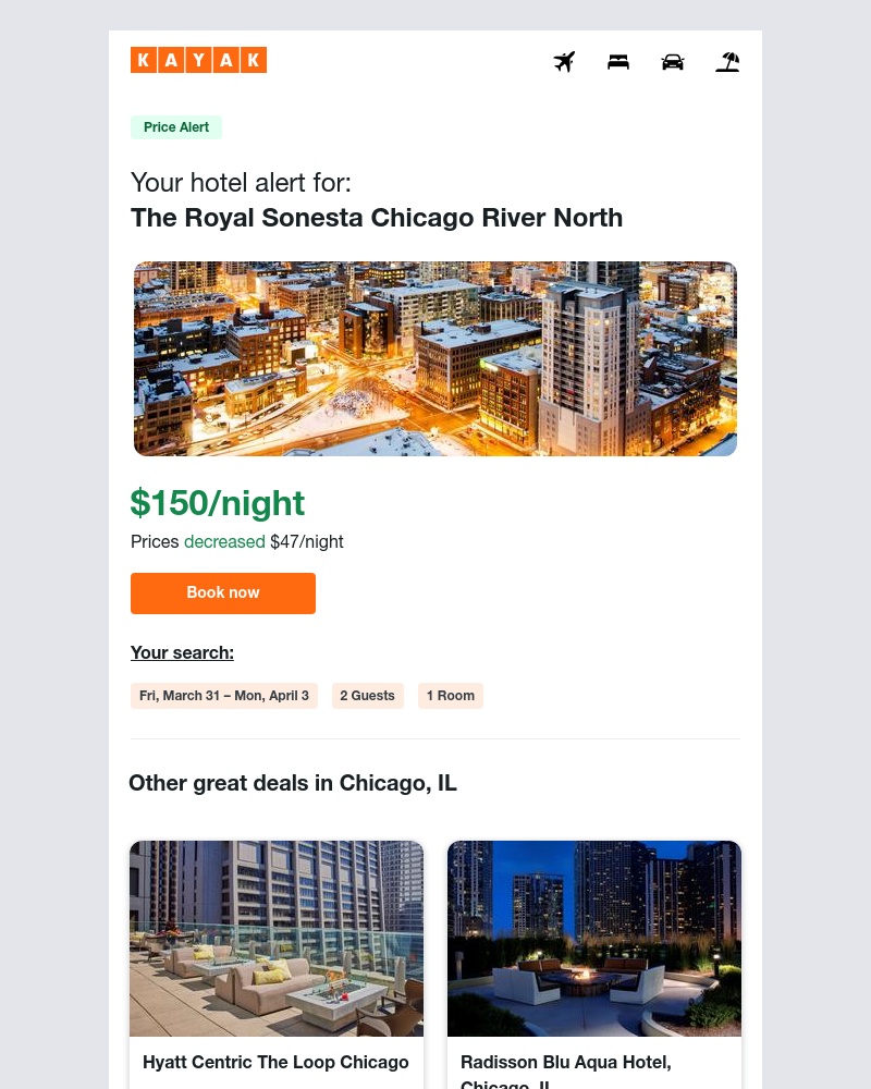 Kayak - Jackpot: Hotel prices dropped $47 in Chicago, IL!