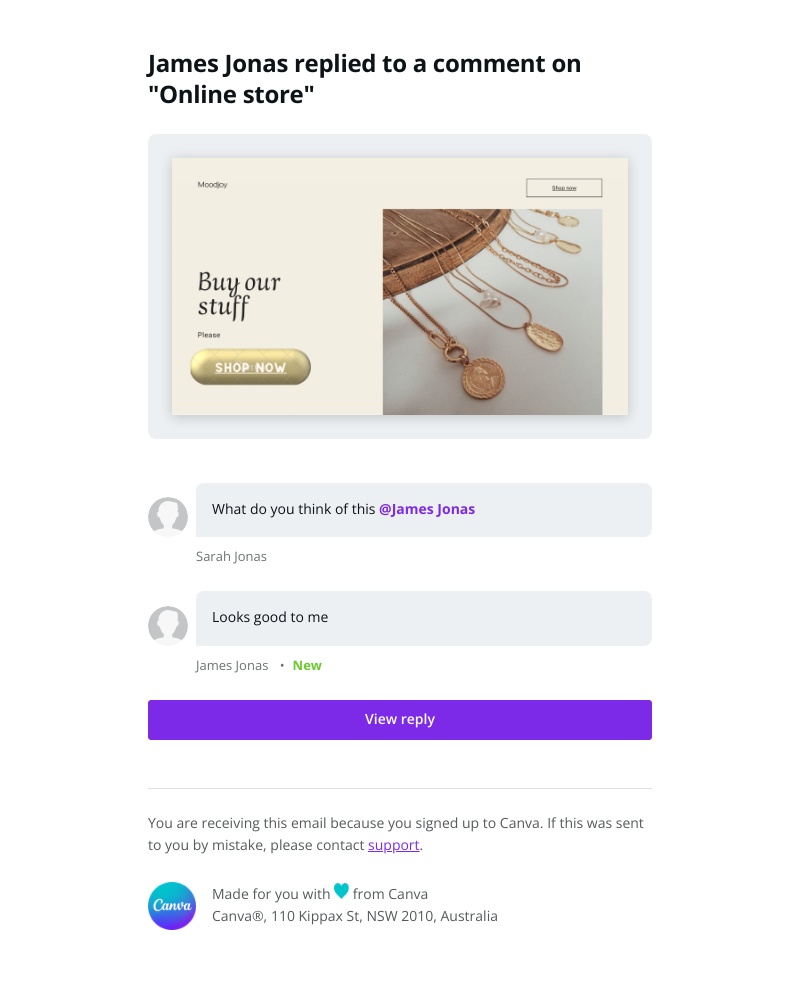 Canva - James Jonas replied to a comment on "Online store"