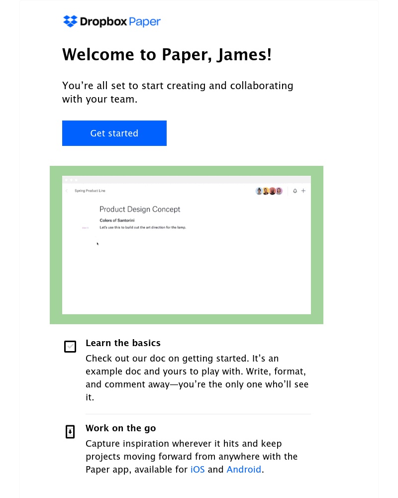 Dropbox Paper - James, your first Dropbox Paper doc is ready!