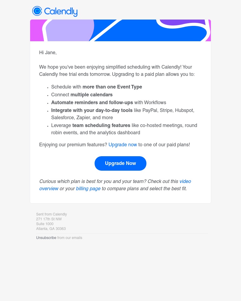 Calendly - Jane, your Calendly Teams Trial ends tomorrow!