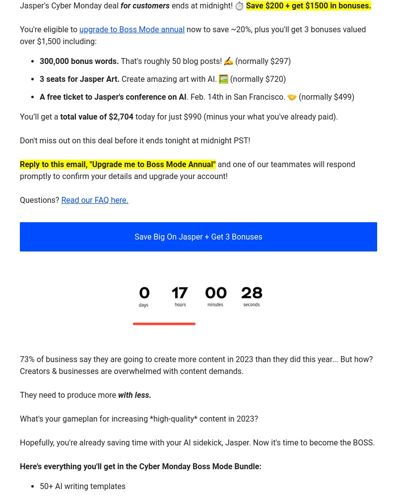 Jasper - Last Chance Jasper Customersβ³ Upgrade to save $200 On The #1 AI Content Platform