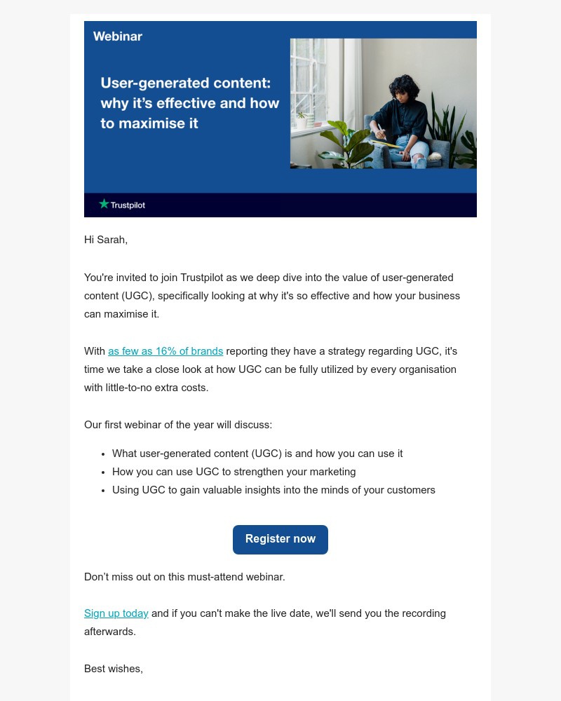 Trustpilot - Last chance to join "User-generated content - why it's effective and how to maximise it"