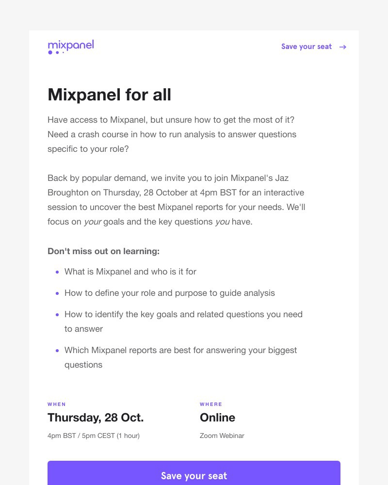 Mixpanel - ⏰Last day to register! Find the best Mixpanel report for your needs – join 28 Oct.