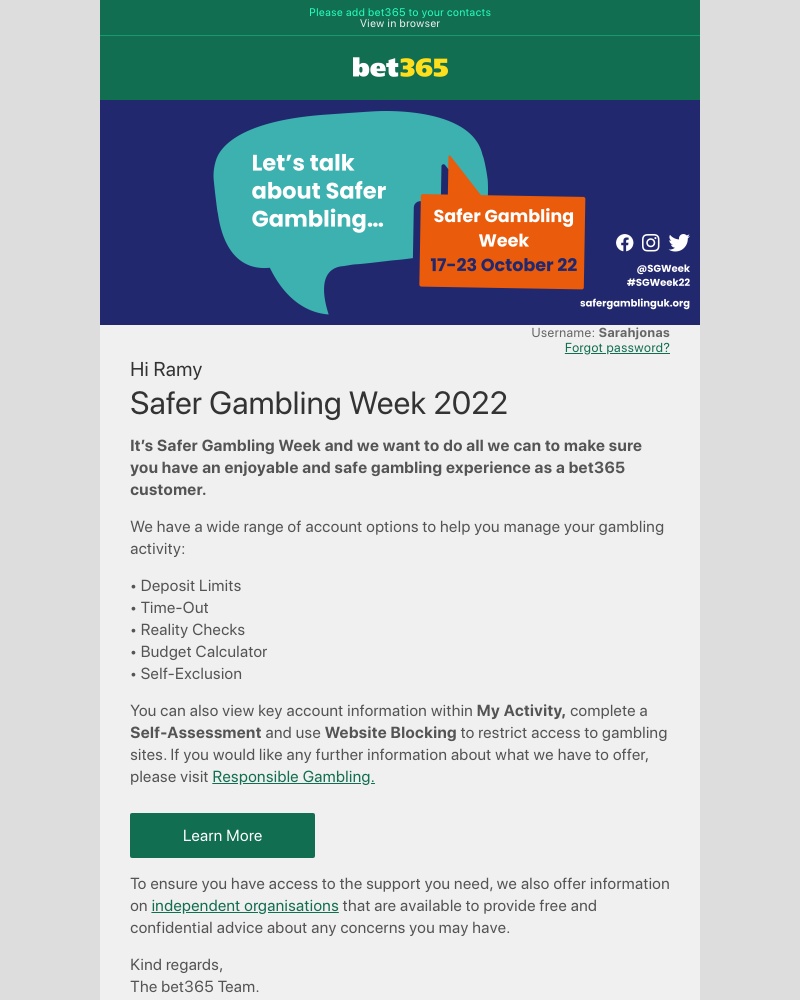 Bet365 - Let’s talk about Safer Gambling…