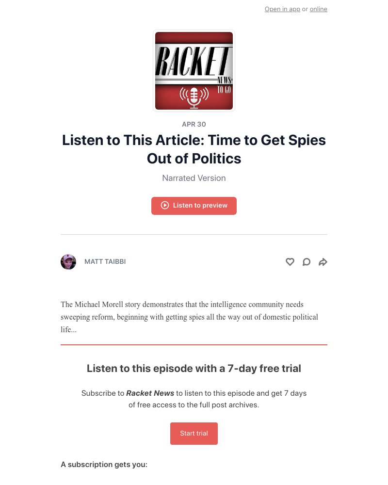 Substack - Listen to This Article: Time to Get Spies Out of Politics