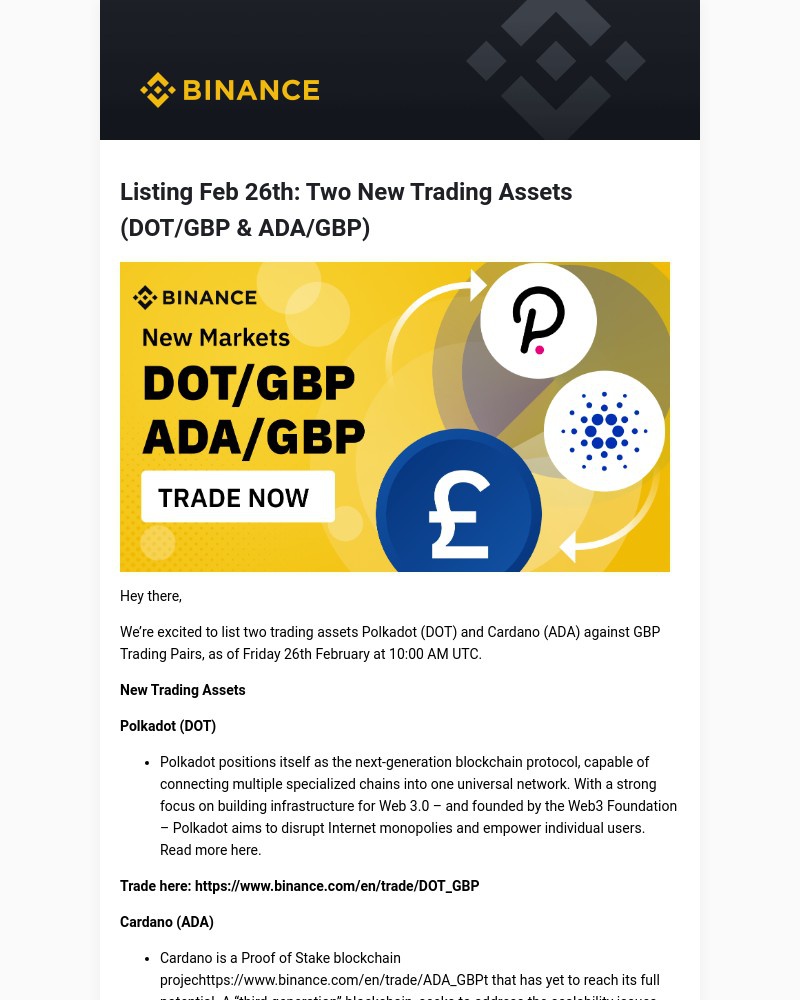 Binance - Listing Feb 26th: Two New Trading Assets (DOT/GBP & ADA/GBP)
