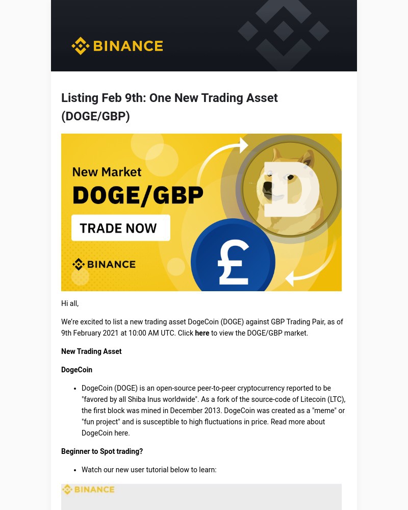 Binance - Listing Feb 9th: One New Trading Asset (DOGE/GBP)