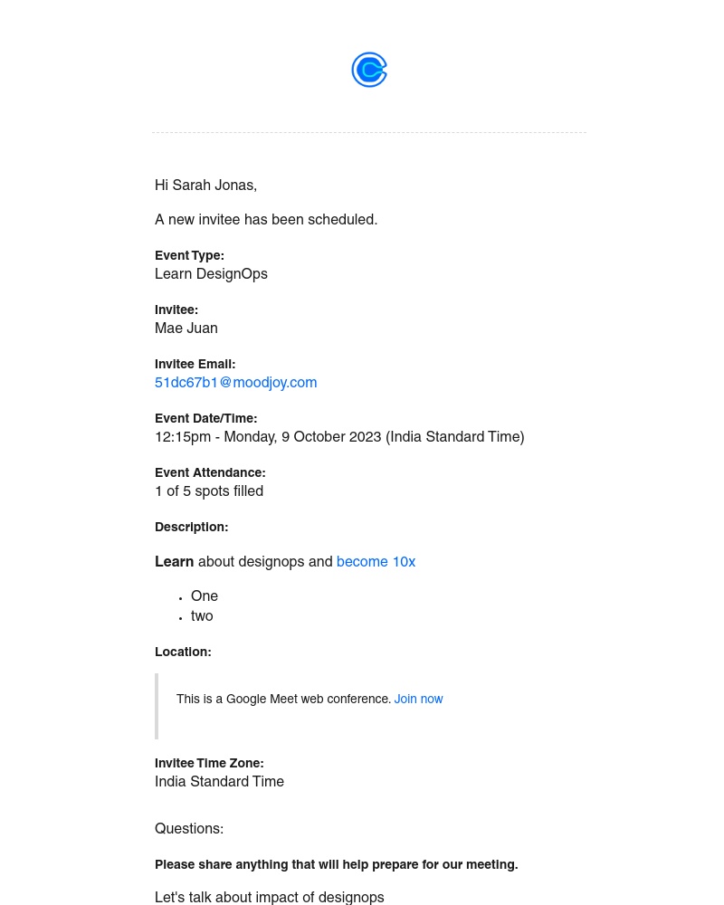 Calendly - Mae Juan is attending Learn DesignOps - 12:15pm Mon, 9 Oct 2023