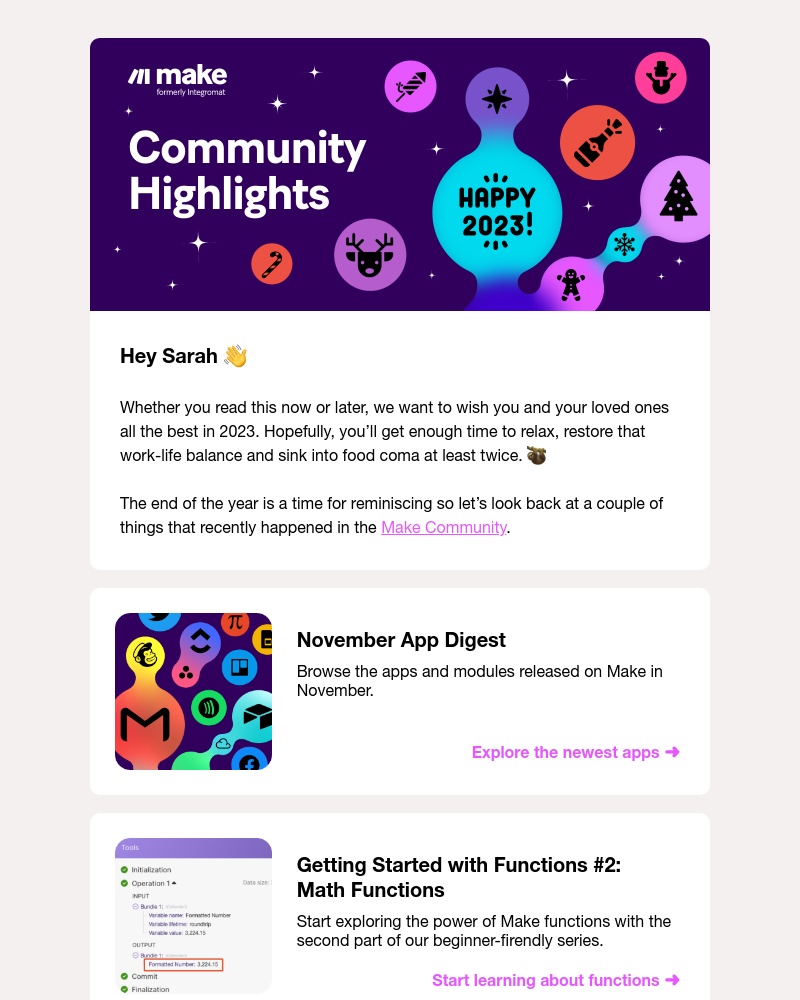 Make.com - Make Community Highlights: November apps, math functions & Advent automations 🎄