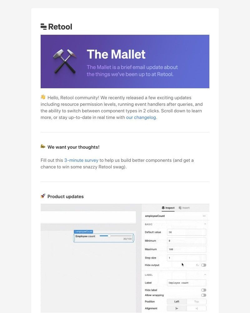 Retool - Mallet Newsletter: Granular resource permissions, event handlers for queries, and even more UI components