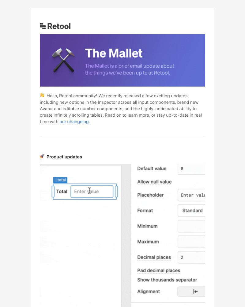 Retool - Mallet Newsletter: Infinitely scrollable tables, input improvements, and brand new UI components