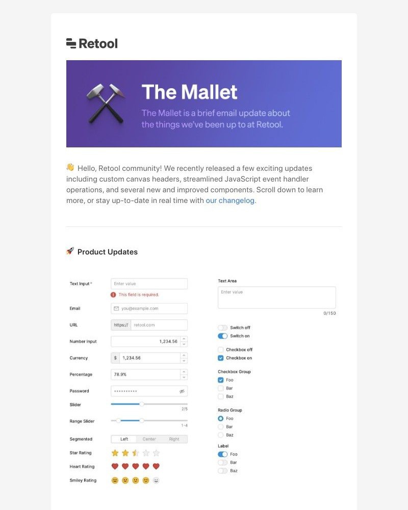 Retool - Mallet Newsletter: More UI components, JS “run script”, and custom canvas headers