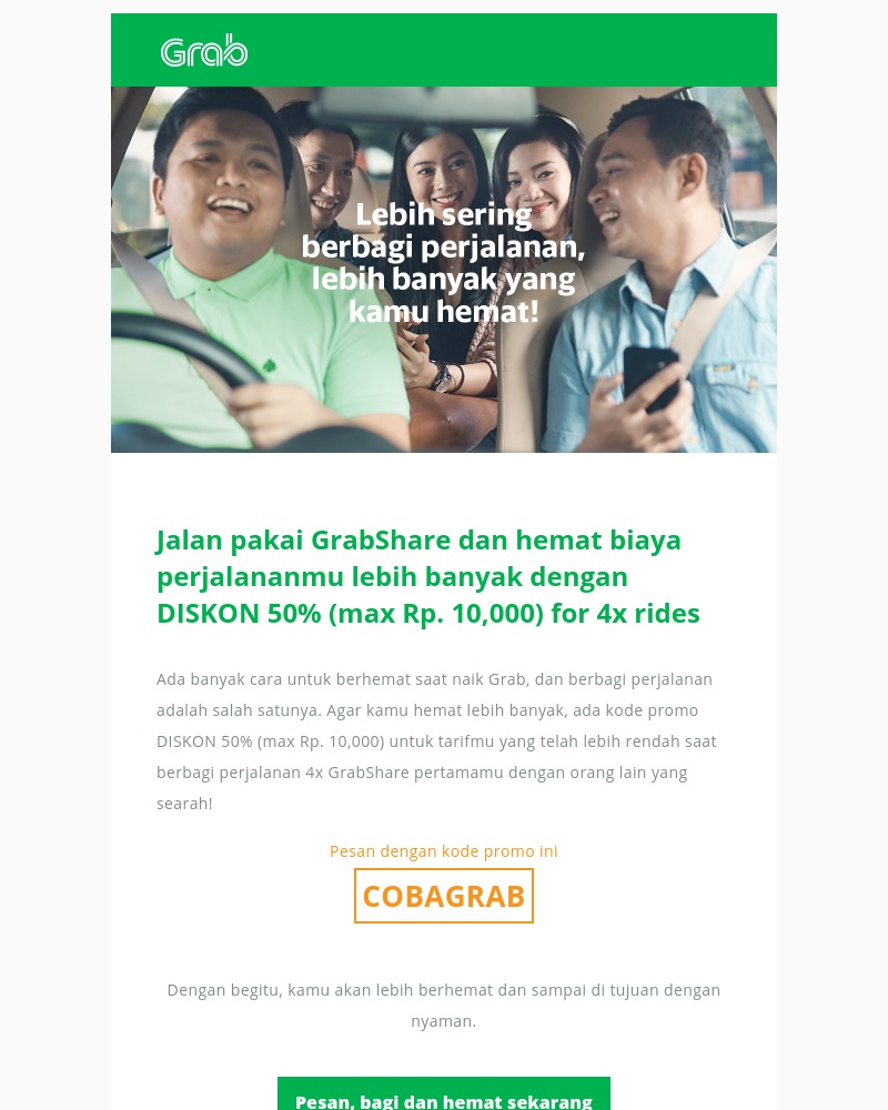 Grab - Mau lebih berhemat saat naik Grab? Pakai GrabShare dan dapatkan tambahan DISKON 50% (max Rp. 10,000) for 4x rides!