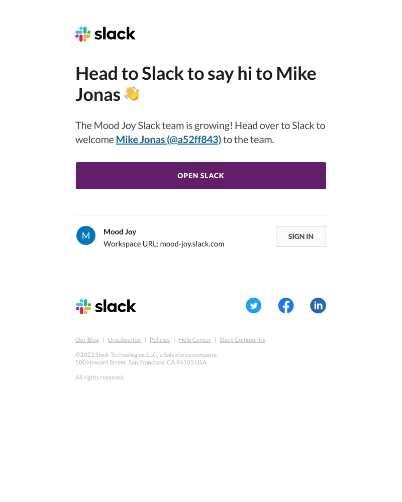 Slack - Mike Jonas just joined your workspace!