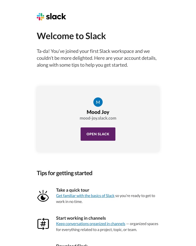 Slack - Mood Joy on Slack: New Account Details