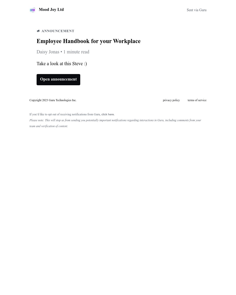 Guru - New announcement: Employee Handbook for your Workplace