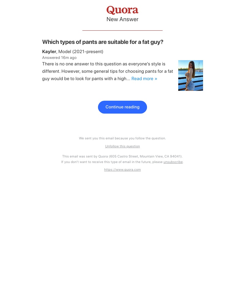 Quora - New answer to "Which types of pants are suitable for a fat guy?"