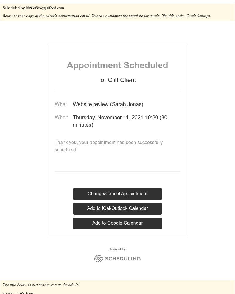 Squarespace Scheduling - New Appointment: Website review (Cliff Client) on Thursday, November 11, 2021 10:20 GMT with Sarah Jonas
