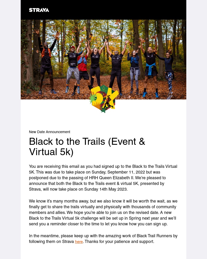 Strava - *New Date Announcement* Black to the Trails (Event & Virtual 5k)