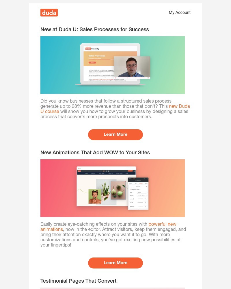 Duda - New Duda U Sales Course, New Website Animations, and Boosting Conversions With a Testimonials Page.