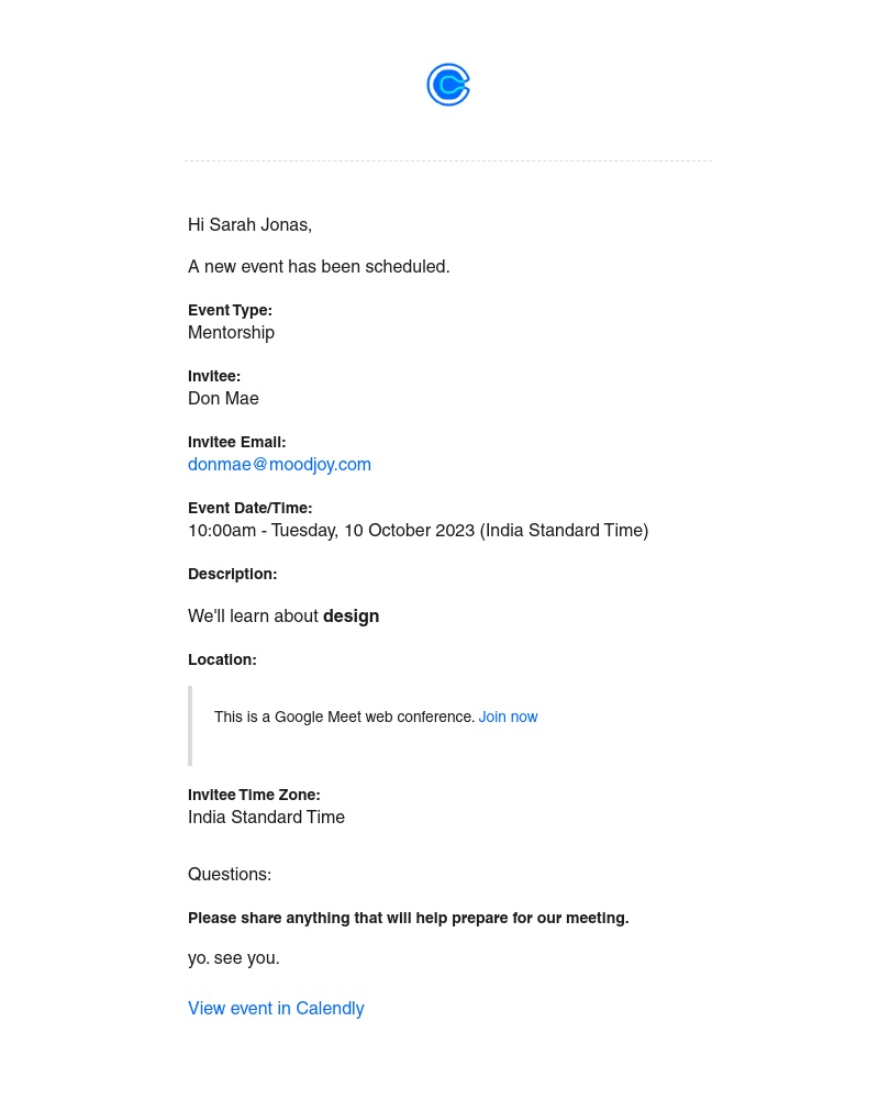 Calendly - New Event: Don Mae - 10:00am Tue, 10 Oct 2023 - Mentorship