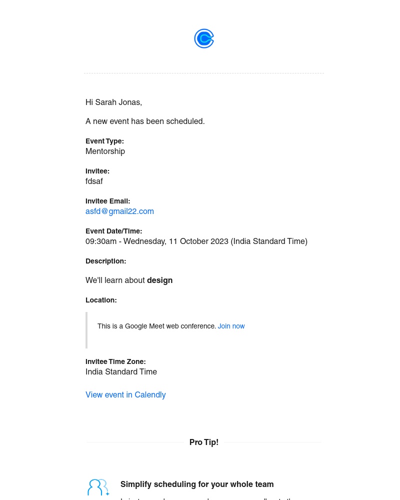 Calendly - New Event: fdsaf - 09:30am Wed, 11 Oct 2023 - Mentorship