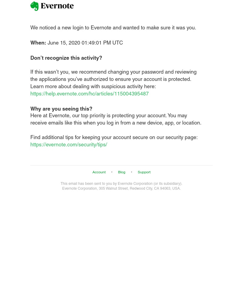 Evernote - New login to Evernote