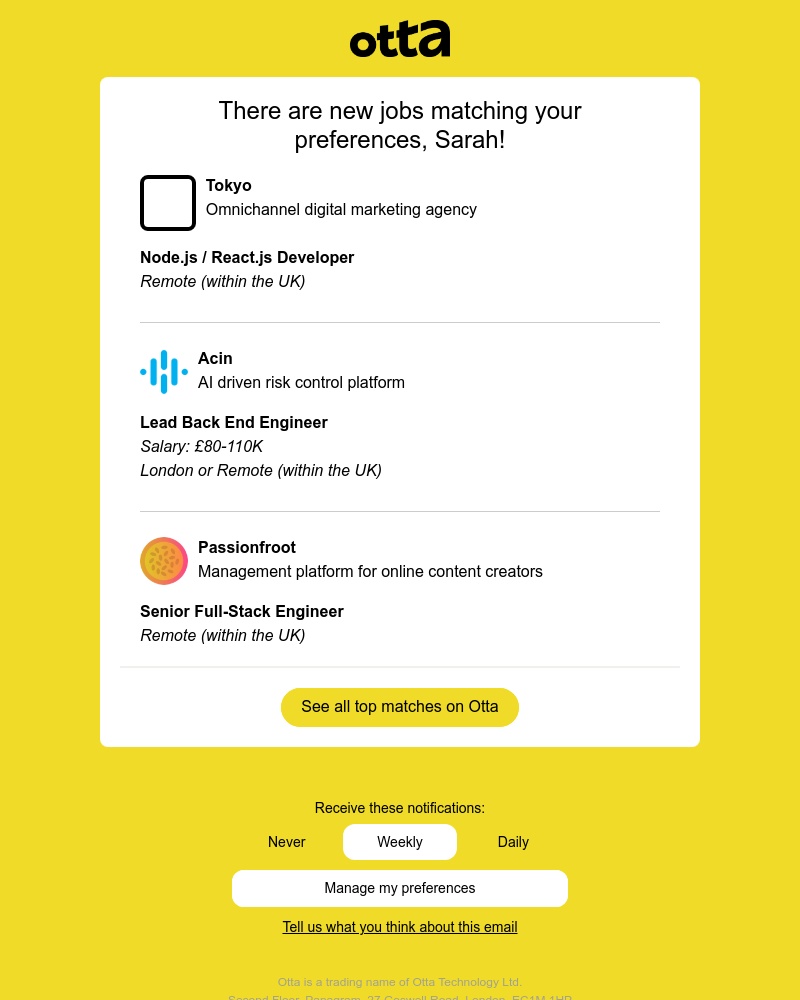 Otta - New match: Node.js / React.js Developer at Tokyo