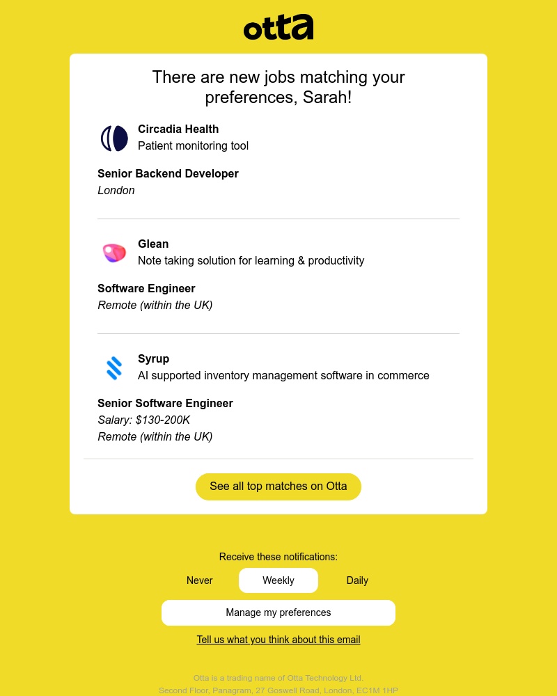 Otta - New match: Senior Backend Developer at Circadia Health