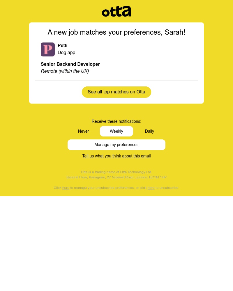 Otta - New match: Senior Backend Developer at Petli