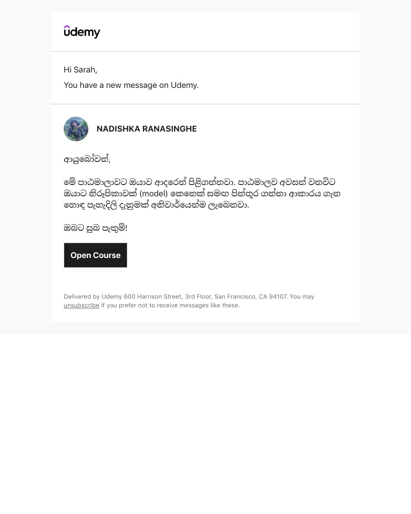 Udemy - New message from NADISHKA RANASINGHE on Udemy