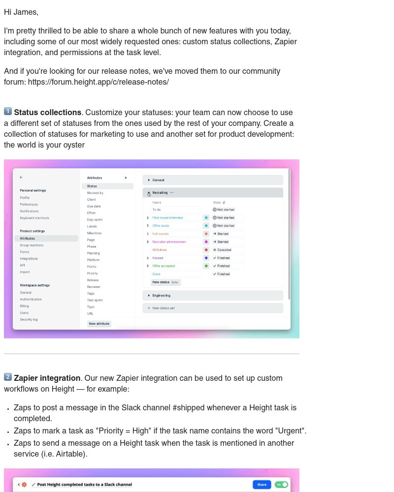 Height - New to Height: custom statuses, Zapier integration, task-level permissions, reply-by-email and more ✨