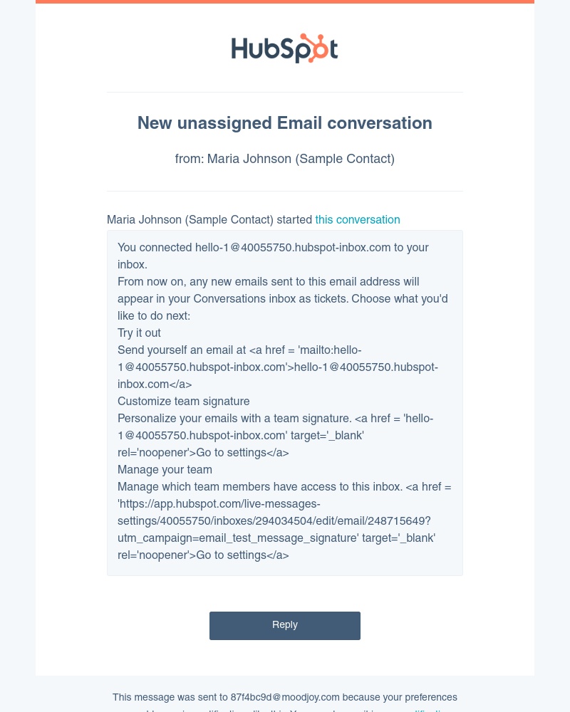 HubSpot CRM - New unassigned Email conversation from Maria Johnson (Sample Contact)