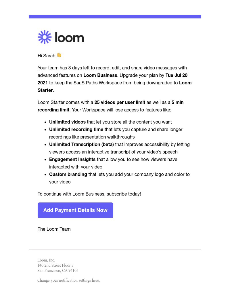 Loom - Only 3 days left on your free trial of Loom Business