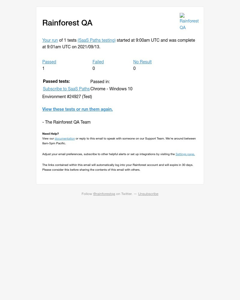 Rainforest - Passed: 1 test, issued at 2021/09/13 9:00am UTC on Rainforest