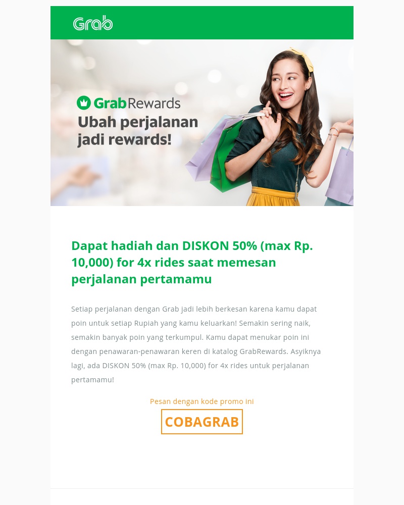 Grab - Perjalanan pertamamu jadi lebih berkesan dengan DISKON 50% (max Rp. 10,000) for 4x rides dan GrabRewards! 🎁✨
