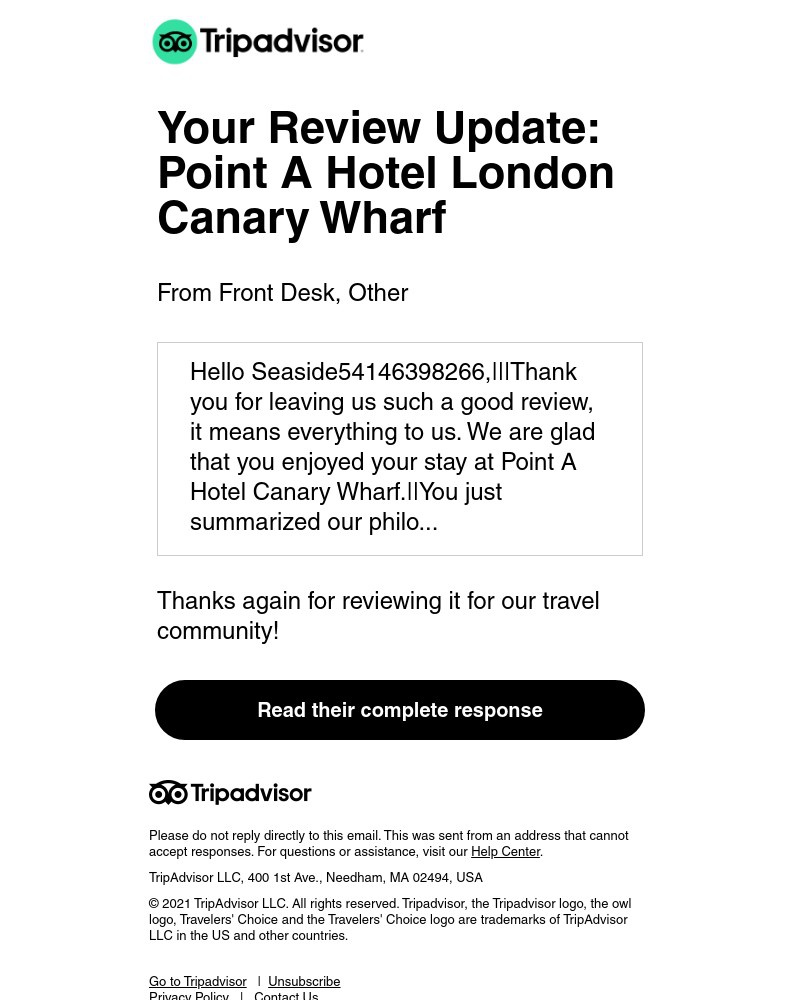 Tripadvisor - Point A Hotel London Canary Wharf has responded to your review.