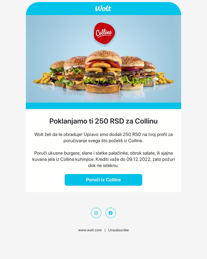 Wolt - Poklanjamo ti 250 RSD za Collinu!🍔🍟