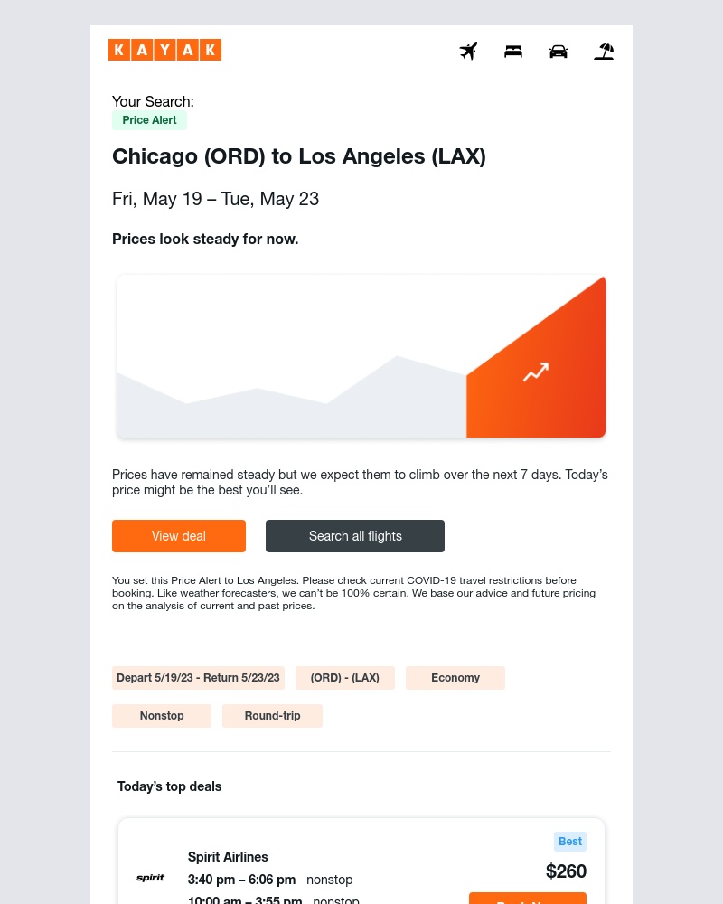 Kayak - Price Alert: Airfare holding steady for your Chicago to Los Angeles flight